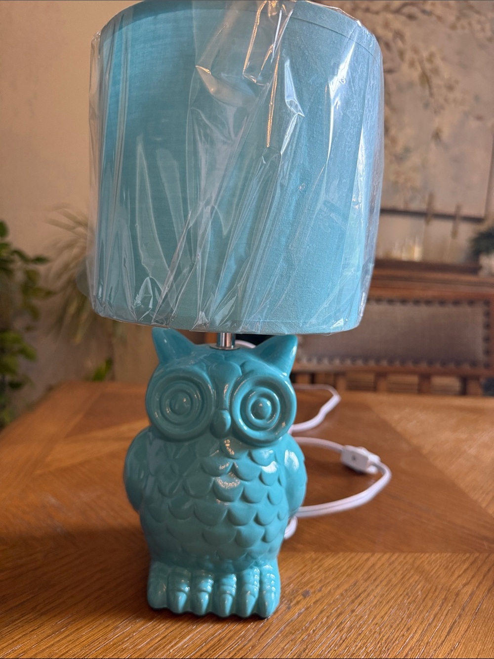 New Turquoise Ceramic Owl Table Lamp with Fabric Shade